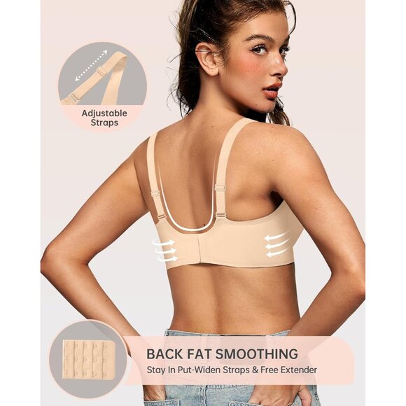 Women's Deep V Wireless Bra Supportive Seamless Push Up T-shirt Bralette - Picture 3 of 7